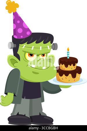 Il carino personaggio di Halloween Frankenstein Cartoon indossa Un cappello da festa e tiene in mano Una torta di compleanno. Disegno piatto dell'illustrazione vettoriale Illustrazione Vettoriale