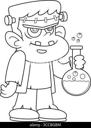 Carino Halloween Frankenstein Cartoon personaggio che regge Una fiasca con fluido all'interno. Illustrazione vettoriale disegnata a mano Illustrazione Vettoriale