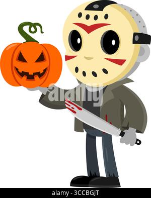 Carino Jason Murderer Cartoon personaggio che mostra Halloween Jack o'Lantern Pumpkin e tiene in mano Un Bloody Machete. Disegno piatto dell'illustrazione vettoriale Illustrazione Vettoriale