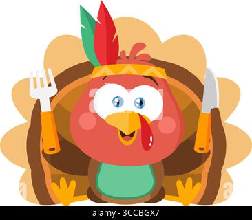 Carino bambino indiano tacchino uccello personaggio seduto con coltello e forchetta. Disegno piatto dell'illustrazione vettoriale Illustrazione Vettoriale