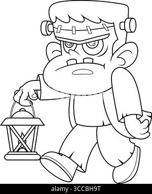 Il carino personaggio di Halloween Frankenstein Cartoon che tiene in mano Una Lanterna accesa. Illustrazione vettoriale disegnata a mano isolata su sfondo trasparente Illustrazione Vettoriale