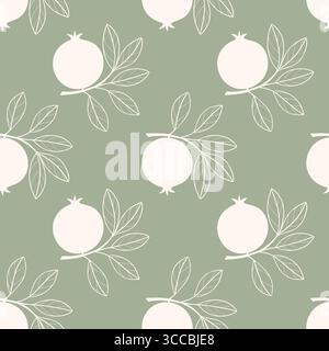 Motivo con frutti di melograno sul ramo con foglie, disegno sonturico stilizzato, su sfondo verde pastello. Illustrazione vettoriale Illustrazione Vettoriale