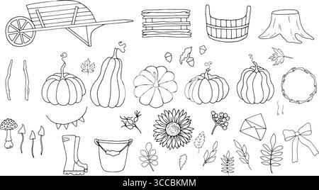 Collezione di elementi a tema autunnale. Illustrazione vettoriale di oggetti in legno, verdure, bacche, fiori. Semplice grafica nera, disegnata a mano in scarabocchio Illustrazione Vettoriale
