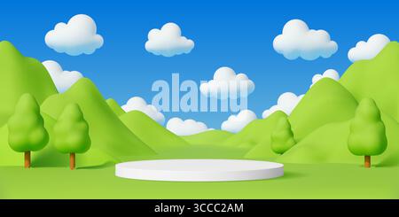 Palco da podio per bambini con erba verde, alberi di foresta e paesaggio blu. Ambientazione fantasy vettoriale animata 3d con colline, nuvole soffici e piattaforma circolare bianca, scena soleggiata Illustrazione Vettoriale