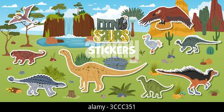 Confezione di adesivi per personaggi carini dei dinosauri dell'epoca preistorica. Patch vettoriale dei rettili preistorici estinti. Anatotitan, Argentavis, Dicraeosaurus e Dimorphodon, Hysilophodon, adesivo dinosauro Lystrosaurus Illustrazione Vettoriale