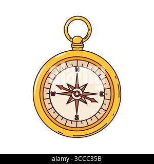 Cartoni animati antico pirata e bussola corsara con una rosa del vento e direzioni cardinali. Lo strumento Vector vintage evoca navigazione, avventura ed esplorazione. Elemento nautico per navigazione in ottone retrò Illustrazione Vettoriale