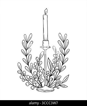 Candela accesa su un alto candelabro circondato da rami decorativi con foglie, illustrazione vettoriale monocromatica dipinta da inchiostri neri. Illustrazione Vettoriale