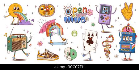 Cartoni animati personaggi retrò, oggetti psichedelici e personaggi surreali. Vettoriale arcobaleno, radio vintage, slot machine, console di gioco, carta da gioco, scarpe da ginnastica, cartello di pace, teschio e serpente avvolti dal personale Illustrazione Vettoriale