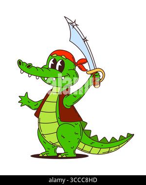 Allegro pirata di coccodrillo cartoni animati con una spada lucente, indossa una bandana rossa e un gilet marrone. Il divertente personaggio Vector Animal Corsair retrò y2k evoca avventura e fantasia per libri e giochi per bambini Illustrazione Vettoriale
