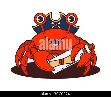 Cartoni animati animati animati animaletti pirati e corsari con un messaggio o una mappa in una bottiglia di vetro. Un personaggio isolato di crostacei con filibuster vettoriale pronto per avventure in mare e caccia al tesoro nautico Illustrazione Vettoriale