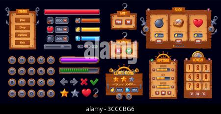 Elementi dell'interfaccia di gioco arcade Pirate e Corsair, cornici GUI e icone. Vecchie tavole di legno vettoriali, banner a schermo menu, pulsanti interfaccia e segno di punteggio del livello di gioco con oggetti cartoonesi della nave pirata Illustrazione Vettoriale