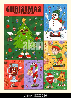 I personaggi natalizi invernali natalizi festeggiano il collage con il pupazzo di neve comico, l'elfo, la canna da zucchero, il VIN brulé e personaggi retrò dell'albero y2k che celebrano le festività natalizie con luci, regali e allegria natalizia Illustrazione Vettoriale