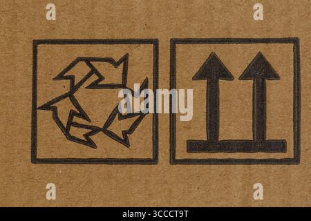 smaltimento riciclaggio riciclare il simbolo del logo e mantenerlo in posizione verticale frecce con freccia rivolta verso l'alto freccia rivolta verso l'alto - simbolo riportato sulla confezione di cartone Foto Stock