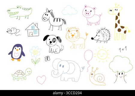 Collezione di vivaci animali da scarabocchio in stile pastello ed elementi naturali, ideale per l'arredamento, l'educazione e i progetti creativi dei bambini. Illustrazione Vettoriale