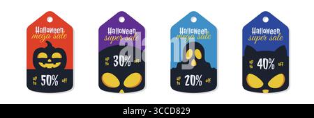 Collezione di tag in vendita per Halloween con zucca, fantasma, cranio e gatto Illustrazione Vettoriale