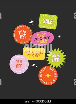 Set di adesivi Black friday in vendita. Etichette promozionali, patch, francobolli alla moda per lo shopping. Grandi sconti Illustrazione Vettoriale
