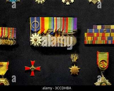 Storica polizia militare malese medaglie e decorazioni del servizio coloniale britannico su sfondo scuro Royal Malaysia Police Museum kuala lumpur Foto Stock