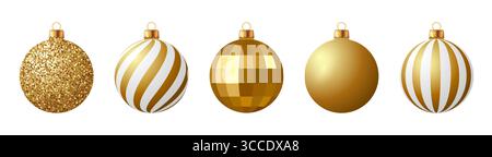Ornamento natalizio dorato isolato, baubles dorate realistiche con motivi, palla di Natale glitter dorata, decorazione vettoriale di palla da discoteca natalizia Illustrazione Vettoriale