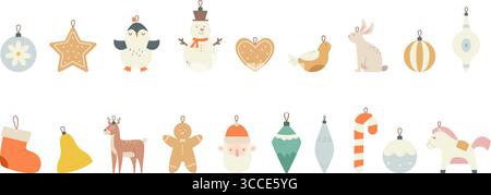 Clipart dei giocattoli di Natale. Decorazioni isolate per l'anno nuovo per l'albero di Natale. Palle di vetro diverse, pupazzo di neve, pupazzo di zenzero, cervo, uccello, dolci, vettoriale Illustrazione Vettoriale