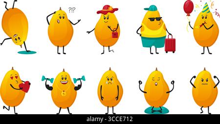 Personaggi di mango. Mango positivo signora e gentiluomo pose diverse. Allenamento sportivo, viaggiatore, carattere meditativo. Mascotte di frutta vettore neoterico Illustrazione Vettoriale