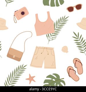 Motivo senza cuciture con un panno estivo come corto, superiore, borsa, occhiali da sole, fotocamera e foglie tropicali. Moda su shopping, vendita, viaggi e tour Illustrazione Vettoriale