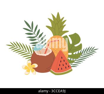 Cocktail di cocco, ananas e anguria con illustrazione vettoriale di foglie tropicali. Drink estivo e frutta. Decorazione per bar, menu, striscioni, stampa Illustrazione Vettoriale