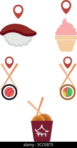 Set per la consegna di cibo asiatico. Vettore Illustrazione Vettoriale