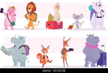 Animali in viaggio. I bambini che camminano e cavalcano sulle diverse parti del mondo illustrazioni vettoriali esatte dei viaggiatori in tutto il mondo Illustrazione Vettoriale