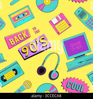 Nostalgia per gli articoli anni '90 motivo senza cuciture. Festival di musica retrò. Vecchio pc, cassetta, lettore d'epoca. Sfondi pop art, tessuti e stampa avvolgente Illustrazione Vettoriale