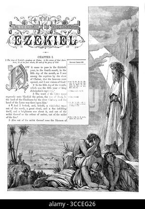 Titolo pagina del Libro del Profeta Ezechiele dall'Antica Ottocento la Sacra Bibbia contenente l'Antico e il nuovo Testamento con note esplicative, Foto Stock