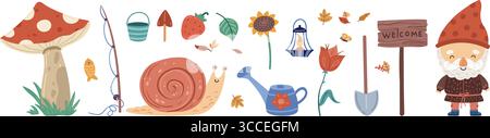Nana da giardino e accessori. Fiori, piante, funghi e foglie. Elementi autunnali primaverili, attrezzi per piantare, annaffiatoio. Set di vettori per il giardinaggio dei cartoni animati Illustrazione Vettoriale