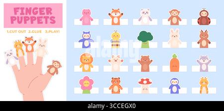 Marionette di carta. Giocattoli divertenti per tagliare e giocare per i bambini. Modelli di api volpe orso gatto leone maiale giraffa fungo scimmia, set di vettori racy Illustrazione Vettoriale