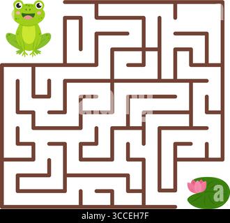 Aiuta rana a trovare il percorso giusto per la foglia di ninfee. Simpatica rana verde dei cartoni animati. Interessante gioco educativo con labirinto e labirinto per lo sviluppo dei bambini Illustrazione Vettoriale