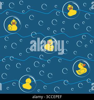 Motivo senza cuciture con anatre giocattolo gialle e bolle. Sfondo vettoriale colorato. Illustrazione Vettoriale