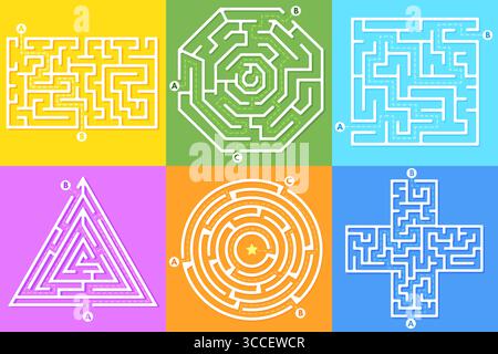 Labirinto delle scelte di direzione. Labirinto gioco di labirinto, puzzle forma circolare quadrato motivo indovinello trova la soluzione giusta percorso linea di uscita percorso strada di ingresso rebus, illustrazione vettoriale ordinata opera originale Illustrazione Vettoriale