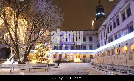 Albero di Natale nel cortile del Castello dei Duchi di Pomerania, Szczecin, Polonia di notte Foto Stock