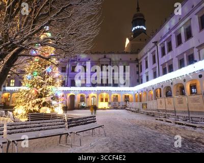 Albero di Natale e luci festive nel cortile del Castello dei Duchi di Pomerania, Szczecin, Polonia Foto Stock