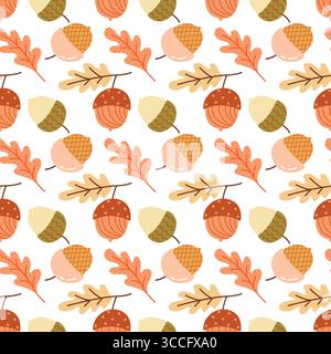 Motivo autunnale senza cuciture con graziosi corni e foglie di quercia in stile disegnato a mano Illustrazione Vettoriale