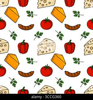 Motivo vettoriale senza cuciture con illustrazioni disegnate a mano di spicchi di formaggio, salsicce, peperoni, pomodori e rametti di prezzemolo, creare un ambiente vivace Illustrazione Vettoriale