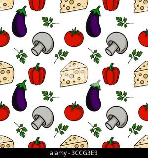 Schema vettoriale senza cuciture di ingredienti per pizza: Formaggio, funghi, peperoni, pomodori e prezzemolo, creare un des vivace e appetitoso Illustrazione Vettoriale