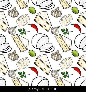 Motivo vettoriale senza cuciture con illustrazioni disegnate a mano di vari formaggi, aglio, cipolle, peperoncino, olive, e prezzemolo, creando un vibrante Illustrazione Vettoriale