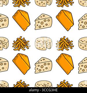 Motivo vettoriale senza cuciture con illustrazioni disegnate a mano di vari tipi di formaggio, tra cui cheddar, Maasdam e formaggio grattugiato, per creare un gioco Illustrazione Vettoriale