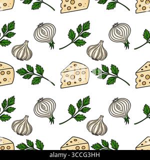 Motivo vettoriale senza cuciture con illustrazioni disegnate a mano di spicchi di formaggio, spicchi d'aglio, cipolle e rametti di prezzemolo, creando un vivace aperitivo Illustrazione Vettoriale