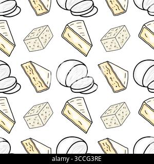 Un delizioso motivo vettoriale senza cuciture con illustrazioni disegnate a mano di vari tipi di formaggio, tra cui spicchi di camembert, formaggio a cubetti e affettato Illustrazione Vettoriale