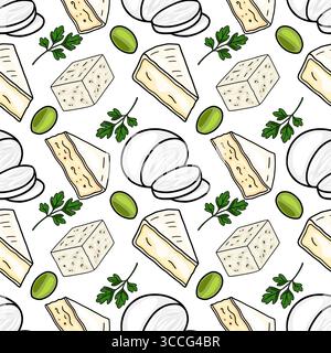Modello vettoriale senza cuciture di vari tipi di formaggio, olive e rametti di prezzemolo, creando una deliziosa illustrazione culinaria. Illustrazione Vettoriale