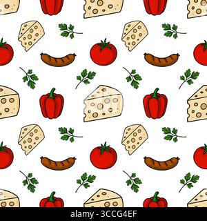 Motivo vettoriale senza cuciture con illustrazioni disegnate a mano di spicchi di formaggio, salsicce, pomodori, peperoni e rametti di prezzemolo, creare un ambiente vivace Illustrazione Vettoriale