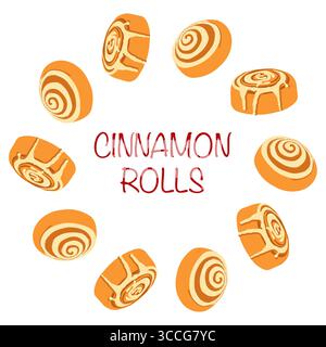 Cornice con rotoli di cannella autunnali con testo in stile piatto. Illustrazione vettoriale disegnata a mano per banner, poster e social media Illustrazione Vettoriale