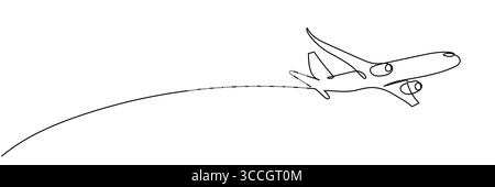 Percorso dell'aereo in un disegno continuo. Concetto aziendale di viaggio nel mondo e compagnia aerea di volo internazionale con traccia in semplice stile lineare. EDI Illustrazione Vettoriale