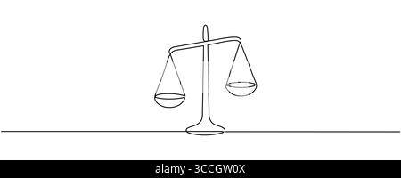 Linea di demarcazione dell'equilibrio della legge e della portata della giustizia. Segno di uguaglianza ed equilibrio e logo aziendale in uno stile semplice e lineare. Doodle Vect Illustrazione Vettoriale