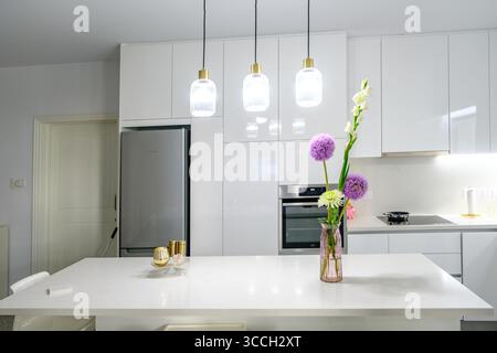 Cucina moderna e luminosa con mobili bianchi lucidi, elettrodomestici in acciaio inox e una grande isola di quarzo con un colorato allium Foto Stock